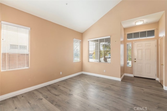 foyer featuring high vaulted ceiling and dark hardwood / wood-style flooring