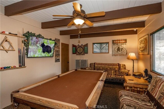 recreation room featuring wood ceiling, pool table, beam ceiling, and ceiling fan