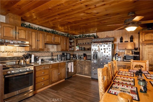 kitchen with wood ceiling, appliances with stainless steel finishes, dark hardwood / wood-style floors, and sink