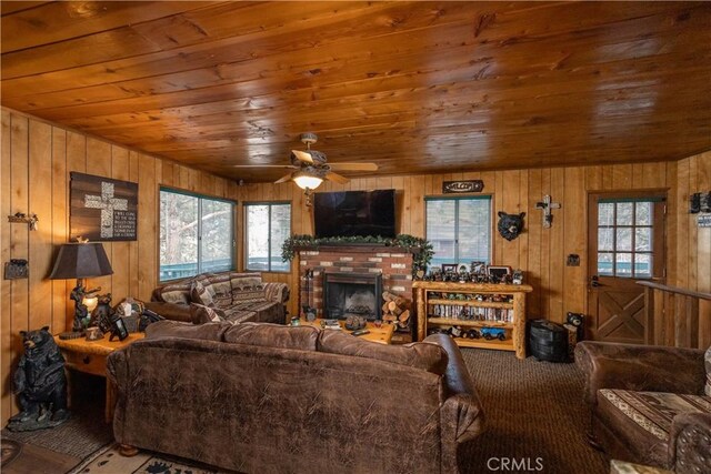 carpeted living room with a healthy amount of sunlight, wooden walls, and wood ceiling