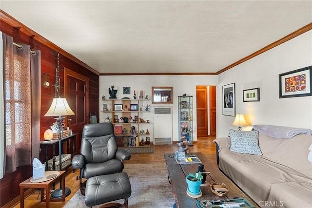 living room with parquet flooring and ornamental molding