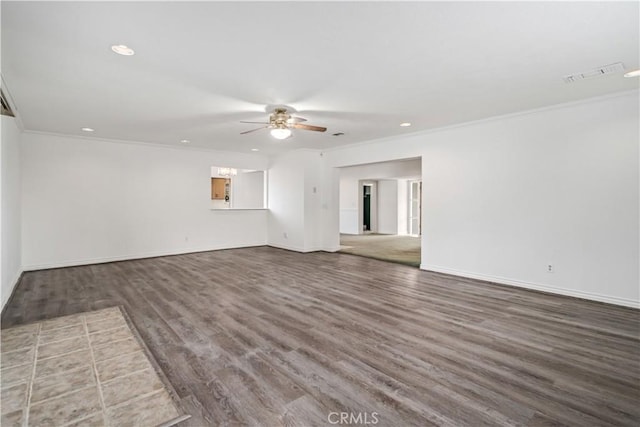 unfurnished living room with crown molding, ceiling fan, and hardwood / wood-style flooring