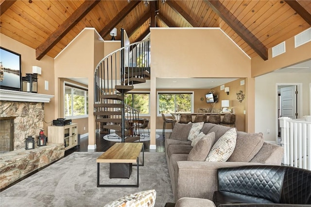 living room featuring high vaulted ceiling, beam ceiling, and wooden ceiling