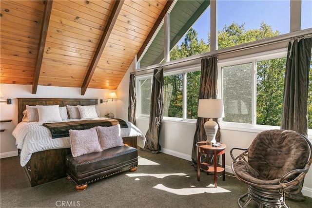 carpeted bedroom with vaulted ceiling with beams and wood ceiling