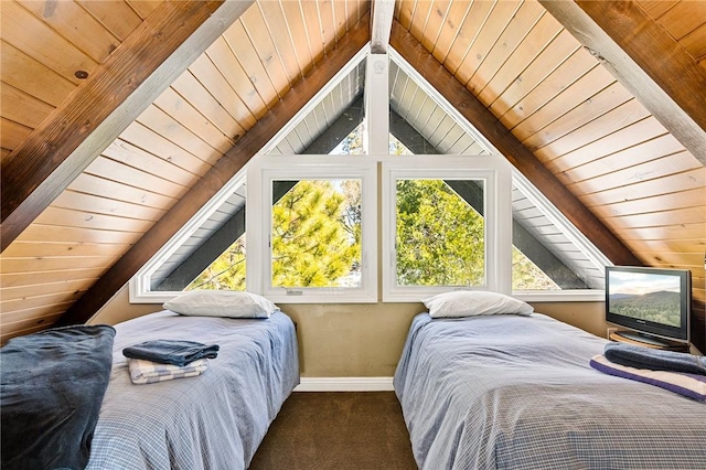 bedroom featuring dark colored carpet, wooden ceiling, and vaulted ceiling with beams