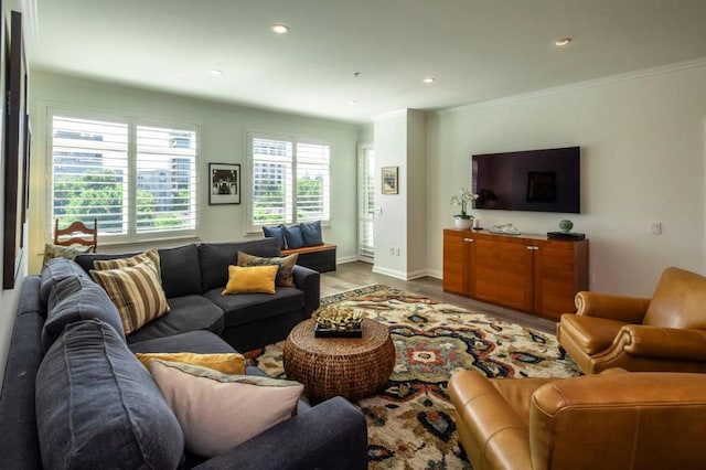 living room with ornamental molding and hardwood / wood-style floors