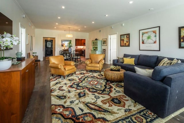 living room featuring dark hardwood / wood-style flooring