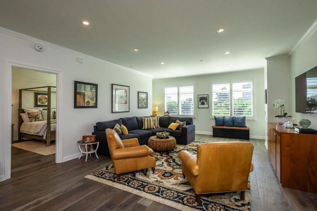 living room with ornamental molding and dark hardwood / wood-style flooring