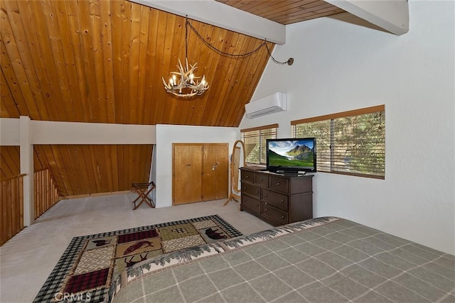 bedroom featuring beamed ceiling, a wall mounted AC, a notable chandelier, and high vaulted ceiling