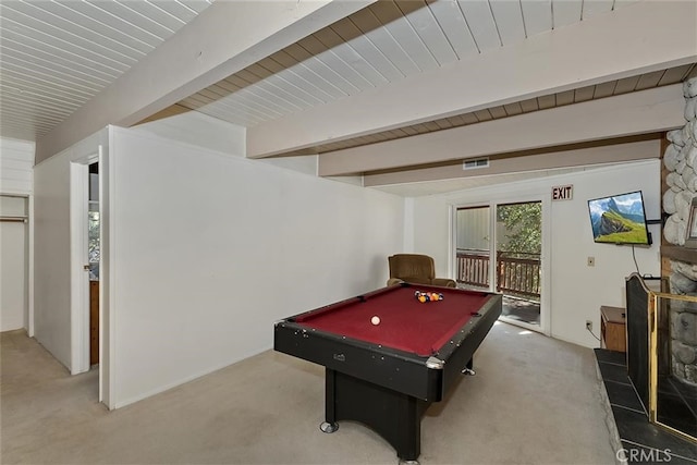 recreation room with beamed ceiling, carpet flooring, and billiards