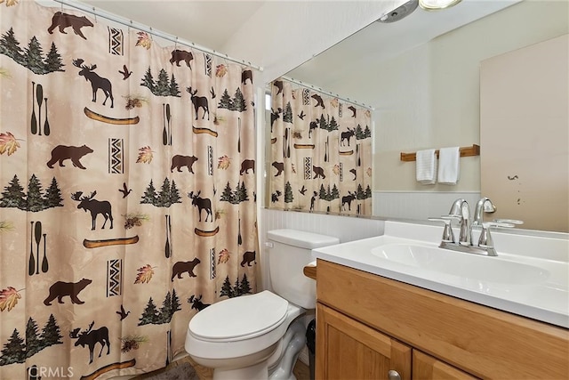 bathroom with vanity, toilet, and walk in shower