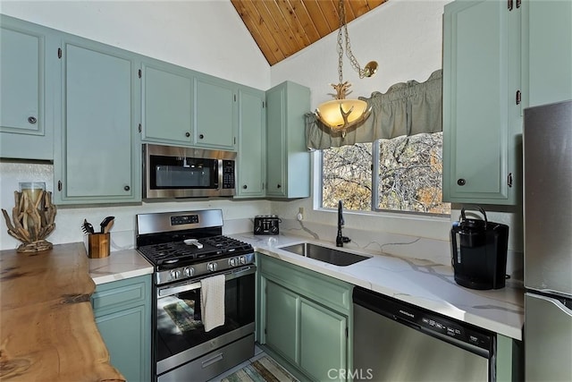 kitchen featuring sink, vaulted ceiling, wooden ceiling, appliances with stainless steel finishes, and light stone countertops