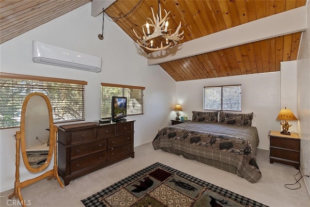 carpeted bedroom featuring wood ceiling, high vaulted ceiling, a wall unit AC, a notable chandelier, and beam ceiling