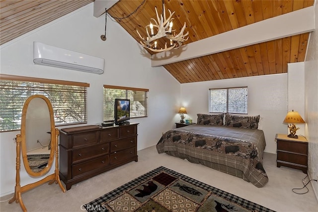 bedroom with a wall mounted air conditioner, high vaulted ceiling, a chandelier, light colored carpet, and beam ceiling