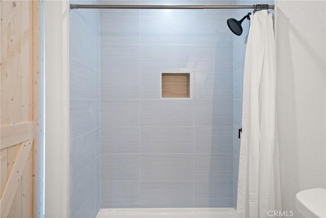 bathroom with toilet and a shower with curtain