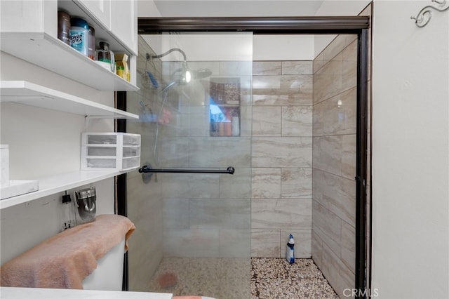 bathroom with a shower with shower door