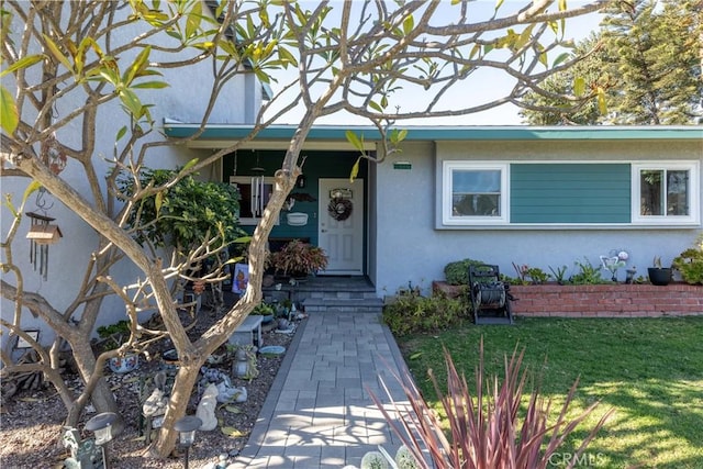 view of exterior entry with a lawn