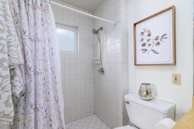 bathroom with toilet and a shower with shower curtain