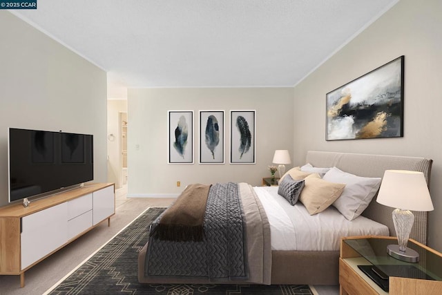 bedroom featuring light colored carpet