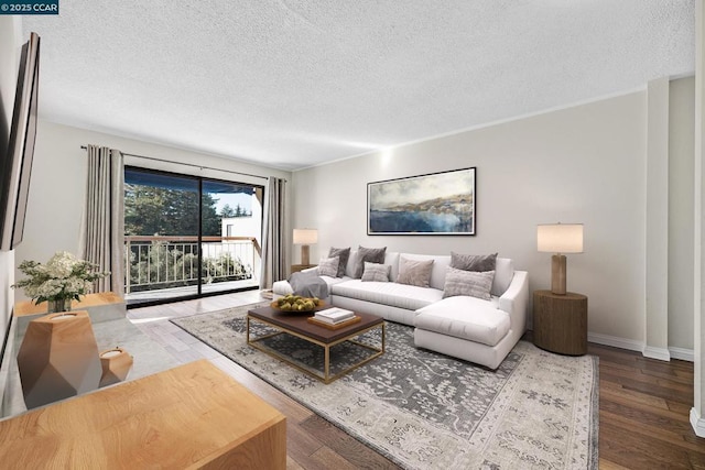 living room featuring hardwood / wood-style floors and a textured ceiling