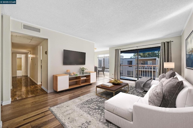 living room featuring a textured ceiling and dark hardwood / wood-style flooring