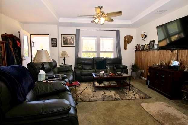 living room with a tray ceiling, ceiling fan, and carpet