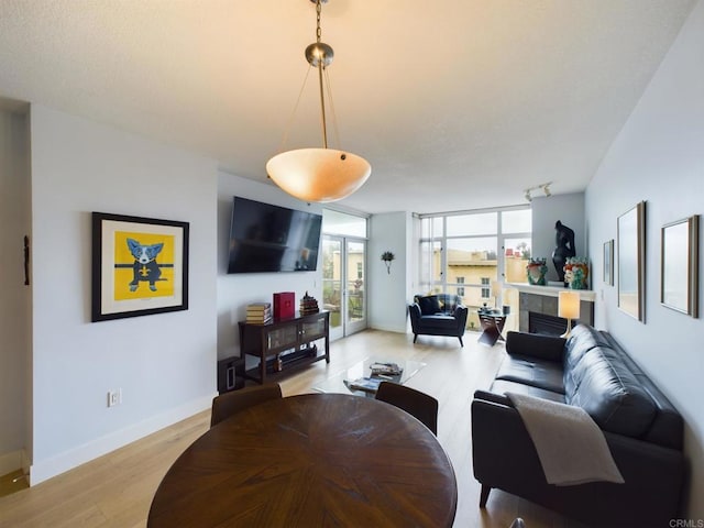 living room with a tiled fireplace, floor to ceiling windows, and light wood-type flooring