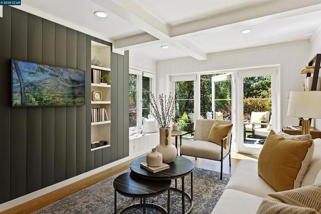 sunroom / solarium with coffered ceiling and beam ceiling