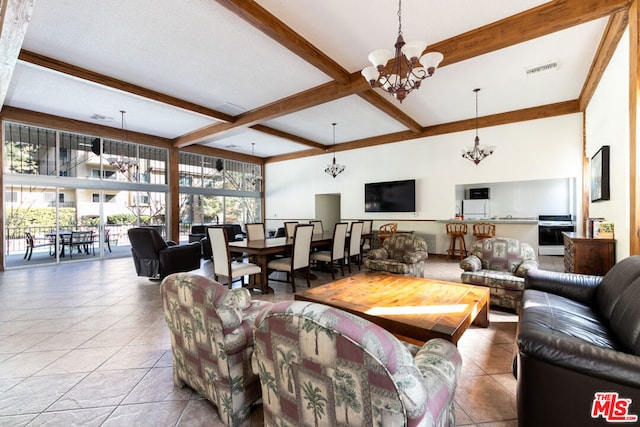 tiled living room with an inviting chandelier, coffered ceiling, and beam ceiling