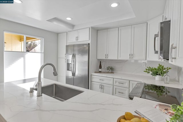 kitchen with stainless steel appliances, a tray ceiling, light stone countertops, and sink