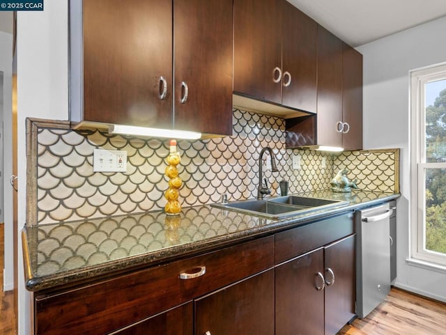 kitchen featuring sink, dishwasher, tasteful backsplash, dark brown cabinetry, and dark stone counters