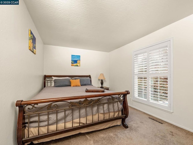 bedroom with a textured ceiling and carpet flooring