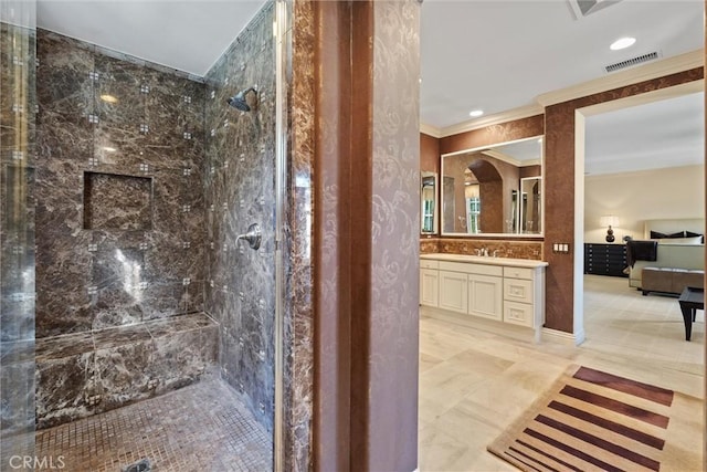 37 Triple Leaf, Irvine, CA 92620 - full bath with a tile shower, vanity, crown molding, and recessed lighting