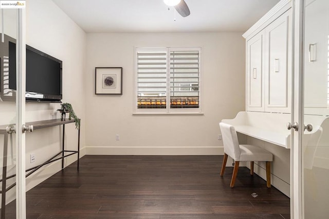 office area featuring ceiling fan, dark hardwood / wood-style flooring, and french doors