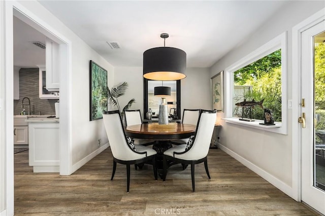 dining room featuring dark hardwood / wood-style flooring and sink