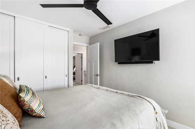 carpeted bedroom featuring ceiling fan and a closet