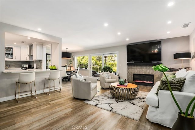 living room with a fireplace and light hardwood / wood-style flooring