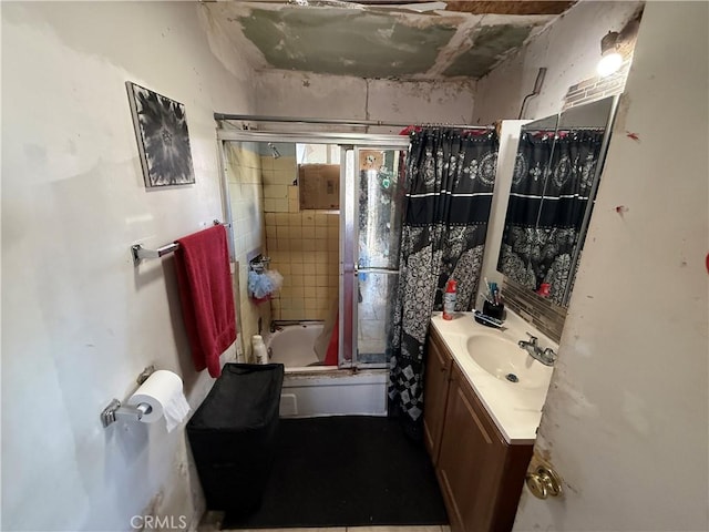 bathroom with vanity and shower / bath combination with curtain