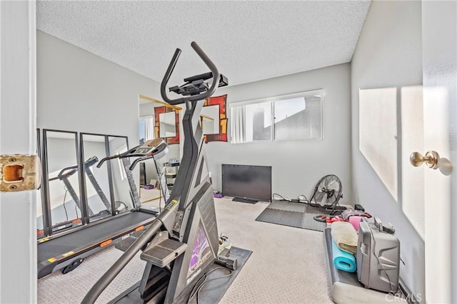 workout area featuring light carpet and a textured ceiling