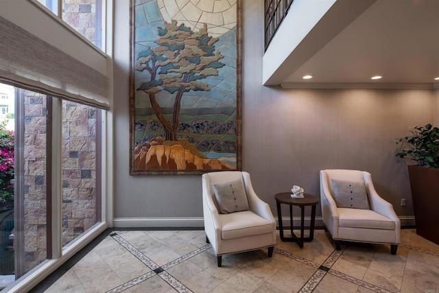 living area with a towering ceiling