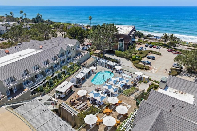 aerial view featuring a water view and a beach view