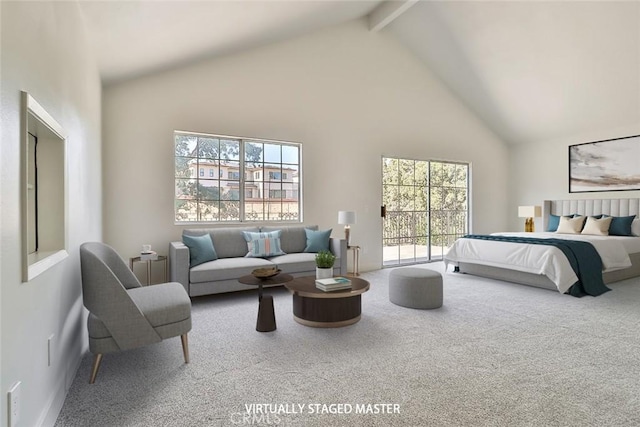 20591 Celtic St, Chatsworth, CA 91311 - bedroom featuring beam ceiling, carpet, high vaulted ceiling, and multiple windows