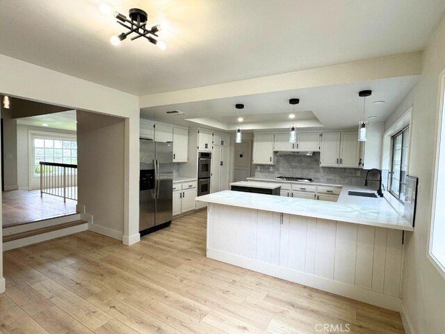 20591 Celtic St, Chatsworth, CA 91311 - kitchen with a peninsula, light wood finished floors, a sink, and appliances with stainless steel finishes