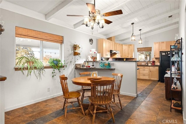 dining room with lofted ceiling with beams, wooden ceiling, and ceiling fan