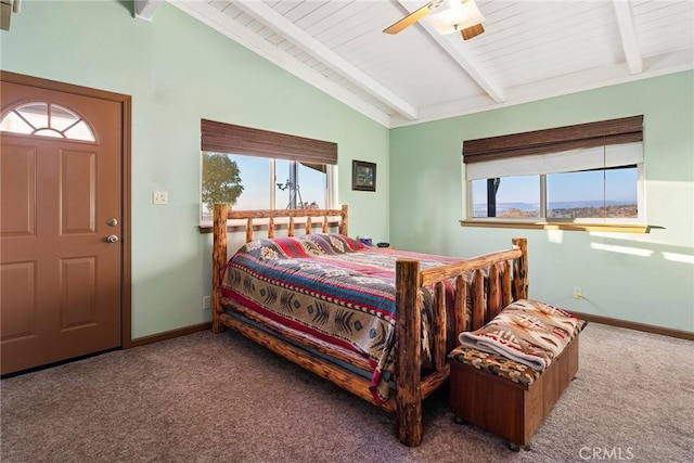 bedroom with carpet flooring, vaulted ceiling with beams, and ceiling fan