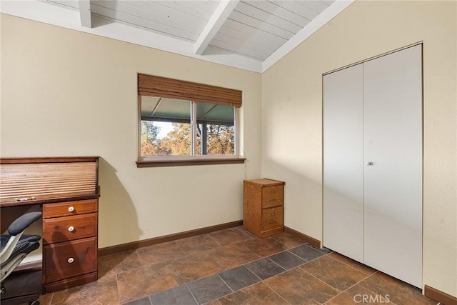 interior space with lofted ceiling with beams and wood ceiling