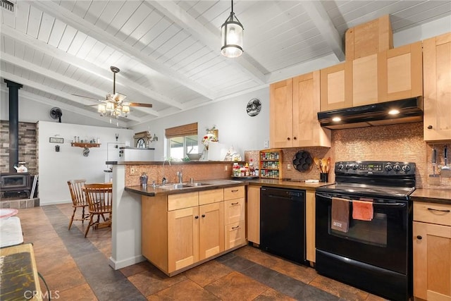 kitchen with sink, black appliances, lofted ceiling with beams, kitchen peninsula, and backsplash