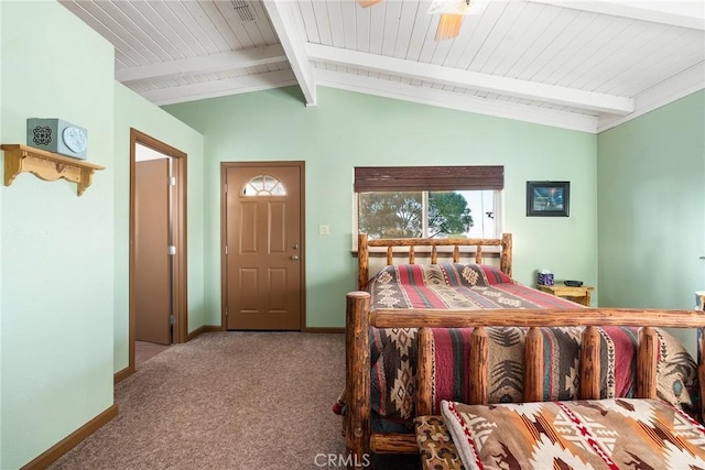 bedroom with wood ceiling, light carpet, and vaulted ceiling with beams