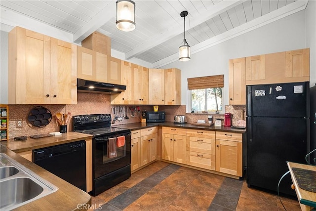 kitchen with light brown cabinetry, lofted ceiling with beams, and black appliances