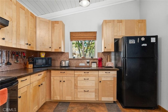 kitchen featuring tasteful backsplash, ornamental molding, light brown cabinetry, and black appliances